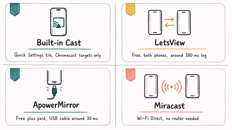 Comparison grid of four Android mirroring methods showing built-in Cast LetsView ApowerMirror and Miracast tradeoffs