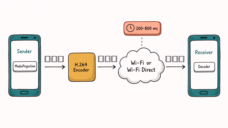 Android sender streams encoded screen frames over Wi-Fi to receiver phone