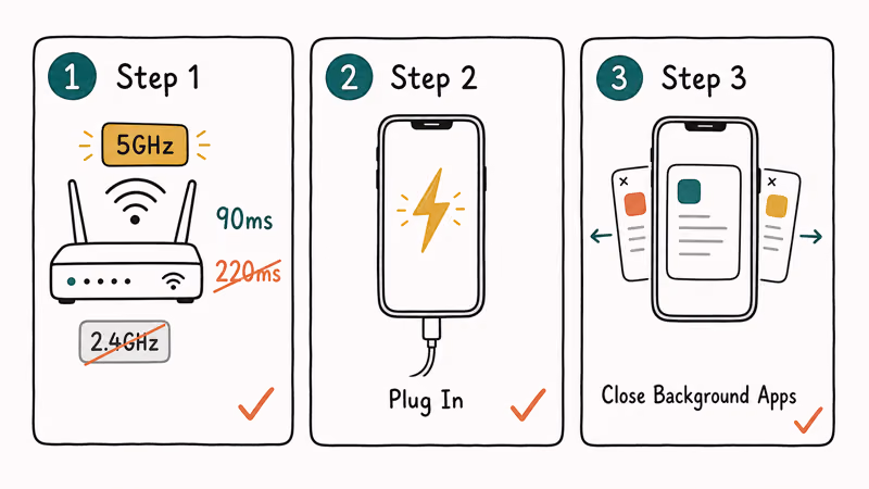 Hand-drawn three step checklist showing Wi-Fi switch, charging, and closing background apps