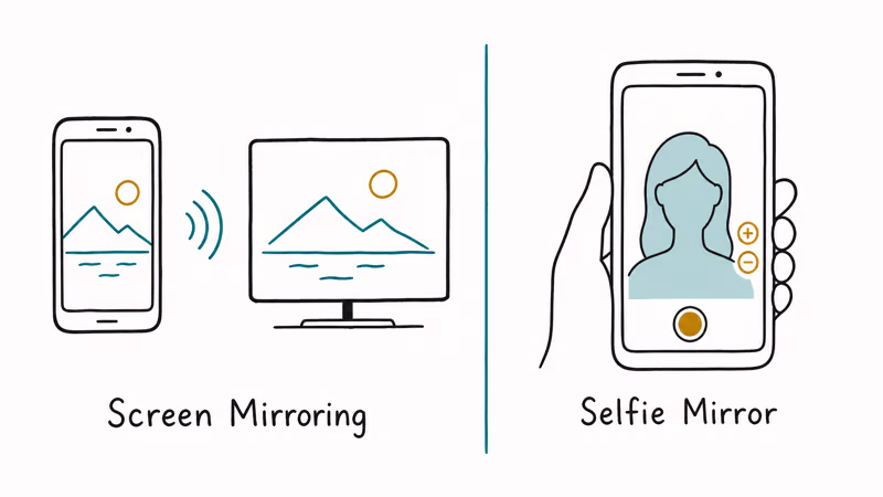 Hand-drawn split panel comparing screen mirroring to a TV with selfie mirror front camera