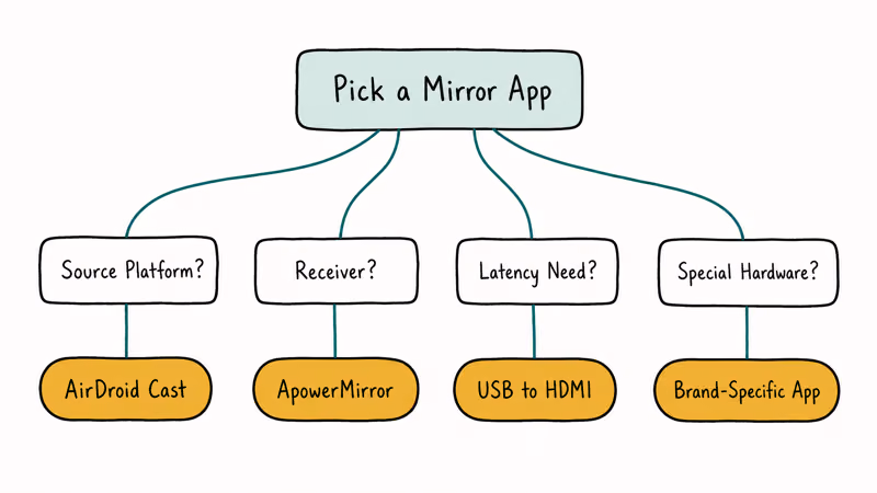 Hand-drawn decision tree guiding readers to pick a mirror app by platform and receiver