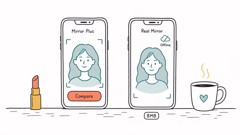 Two phones showing Mirror Plus and Real Mirror selfie apps with offline icon