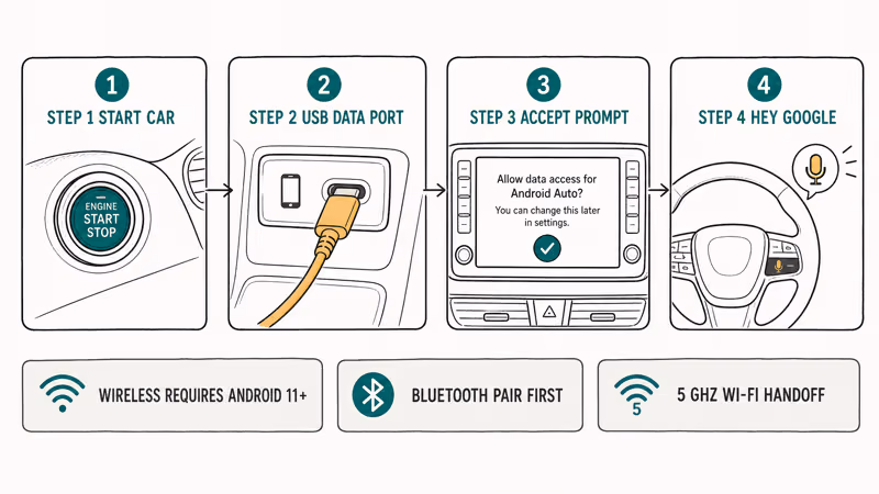 Android Auto setup runs from ignition to USB prompt and voice command