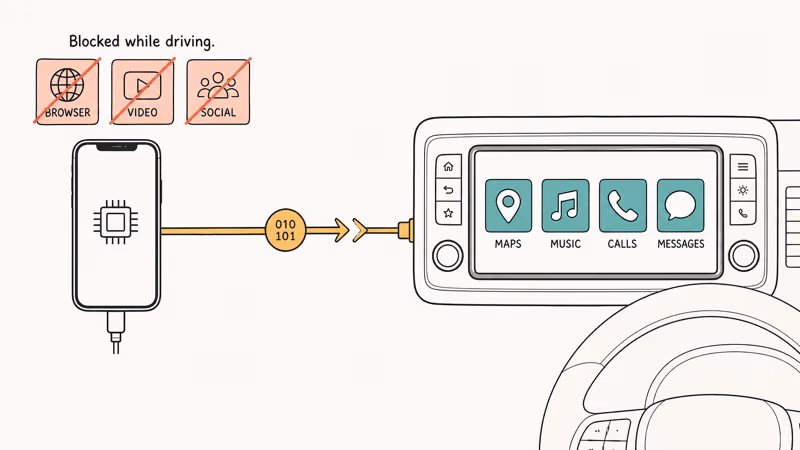Phone sends maps, music, and calls to car dashboard while video stays blocked