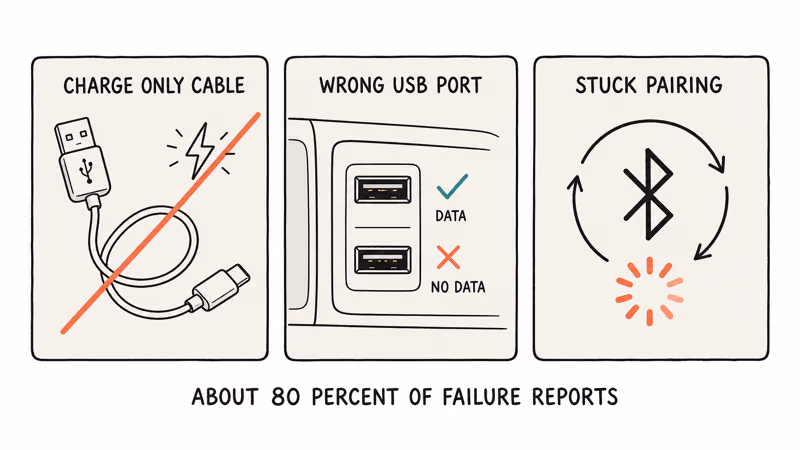 Car mirroring failures show charge-only cable, wrong port, and stuck Bluetooth pairing