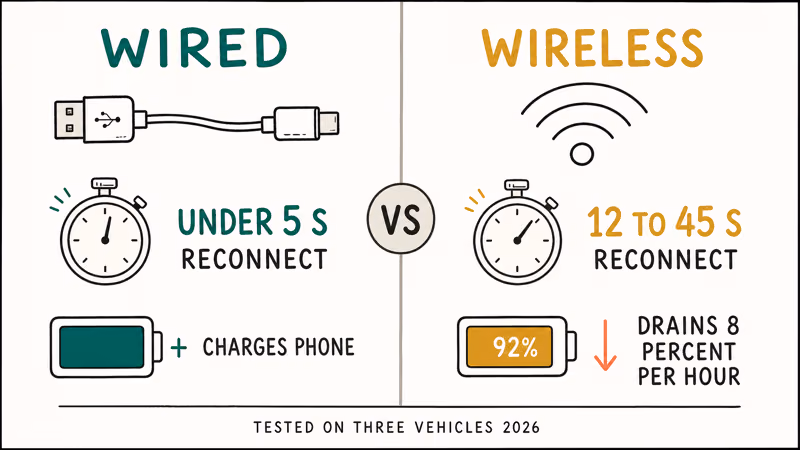 Wired and wireless car mirroring compared by reconnect time and battery drain