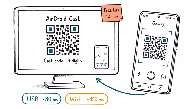 Samsung Galaxy scans AirDroid Cast QR code with USB and Wi-Fi latency labels