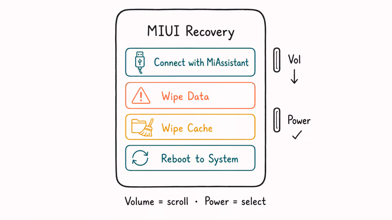 MIUI Recovery menu shows MiAssistant, Wipe Data, Wipe Cache, and Reboot options.