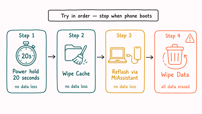 Recovery fix flow escalates from force restart to cache wipe and reflash.