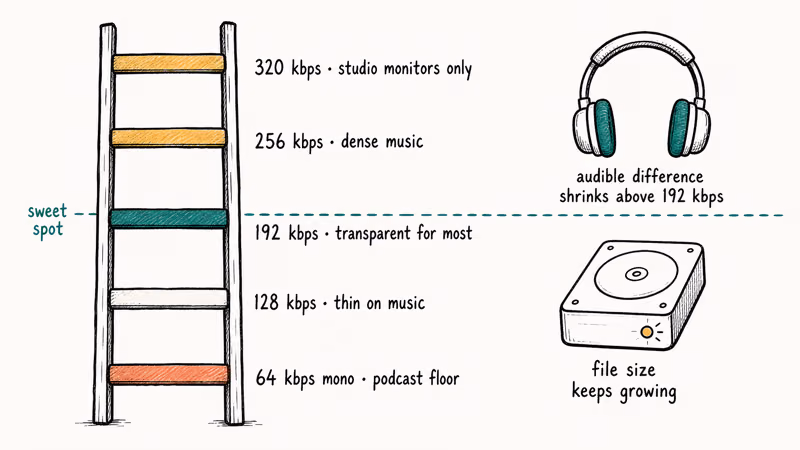 MP3 bitrate ladder compares 64, 128, 192, and 320 kbps quality notes