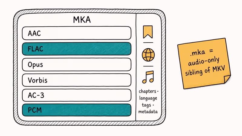 Hand-drawn diagram of MKA container holding six audio codec streams alongside metadata tags