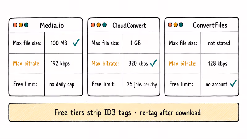 Hand-drawn comparison of three online MKA to MP3 converters showing size limits and bitrate caps