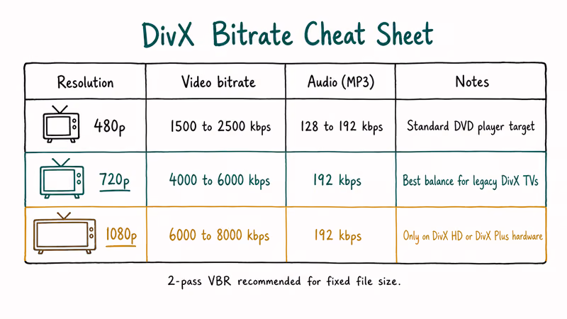 Bitrate recommendation table for 480p, 720p, and 1080p DivX video and audio settings.