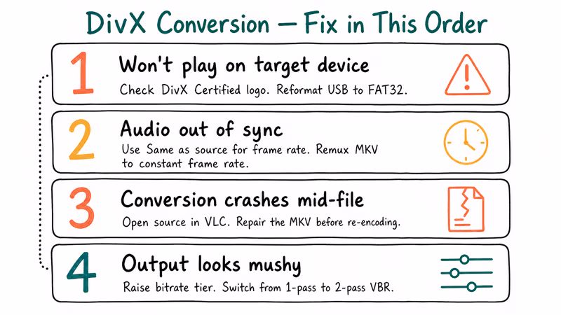 Numbered checklist of four common DivX conversion failures with short fixes in recommended order.
