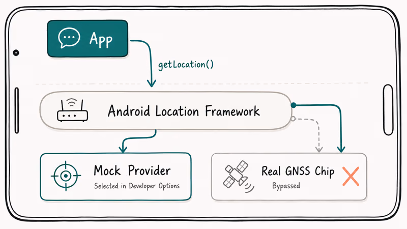 Android routes GPS requests through selected mock provider instead of GNSS