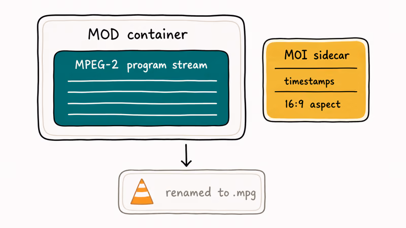Hand-drawn anatomy of a MOD camcorder file with paired MOI sidecar holding metadata