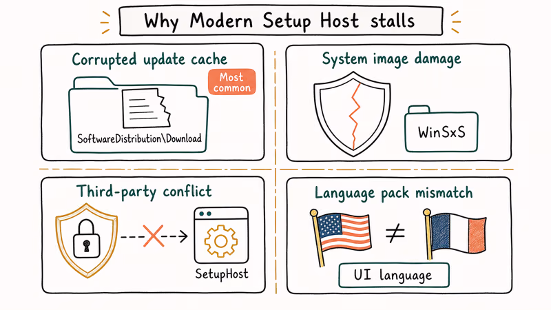 Four-card grid showing the main causes of Modern Setup Host stalls in Windows updates