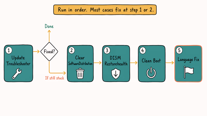 Five-step flowchart of fixes from Windows Update Troubleshooter to language pack mismatch repair
