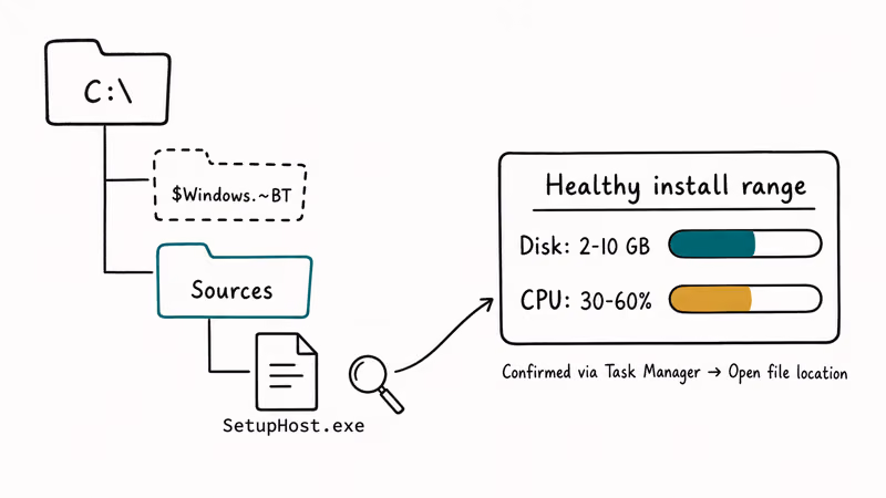 Hand-drawn diagram of Windows BT staging folder showing SetupHost executable inside Sources subfolder