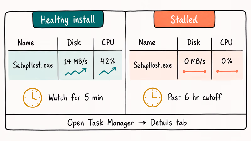 Task Manager comparison showing healthy moving SetupHost process versus stalled flat-line process