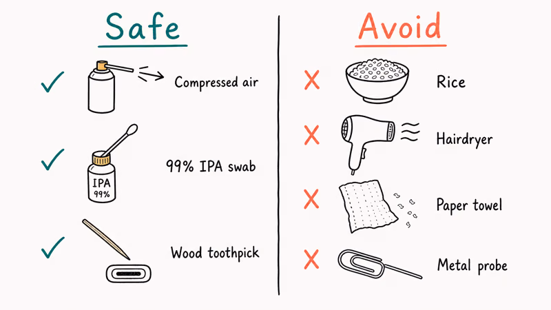 Comparison of safe versus risky USB C port drying methods for Samsung Galaxy moisture warning.
