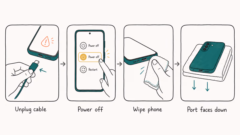 Four step flowchart for immediate response to Samsung moisture detected warning on Galaxy phone.
