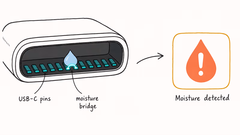 Samsung USB-C port pins show water bridging contacts and triggering moisture alert.