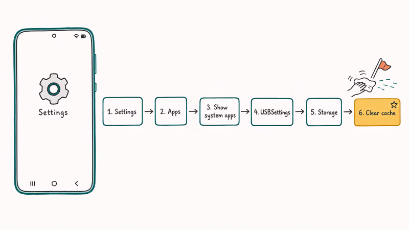 Settings menu navigation to clear USBSettings system app cache on Samsung Galaxy phone.
