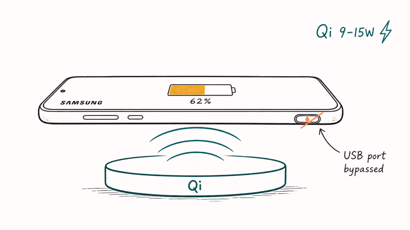 Galaxy phone charging wirelessly on Qi pad while wet USB C port is bypassed safely.