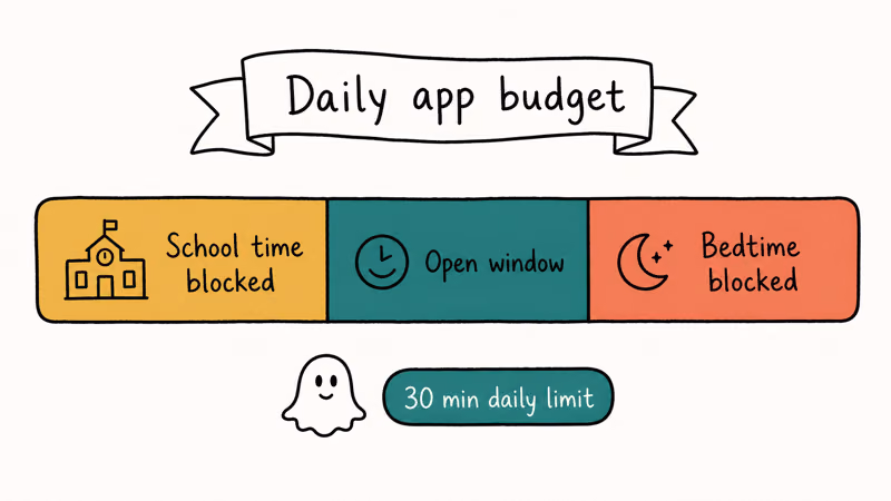 Daily budget bar with school time, open window, and bedtime segments plus Snapchat 30-min limit.