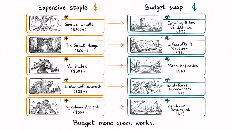 Budget swaps pair expensive mono green staples with affordable alternatives