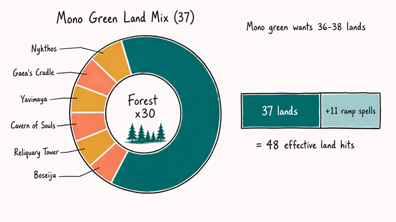 Donut chart breaks down Forests and utility lands in mono green Commander