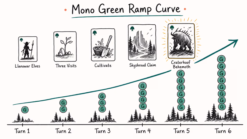 Ramp curve shows mono green mana growth from turn one through six