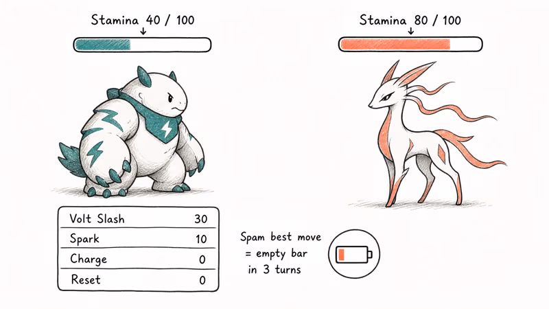 Notion-style Coromon battle interface showing stamina bars and four moves with their resource costs.