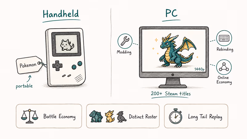 Criteria cards compare PC monster taming features with handheld Pokemon