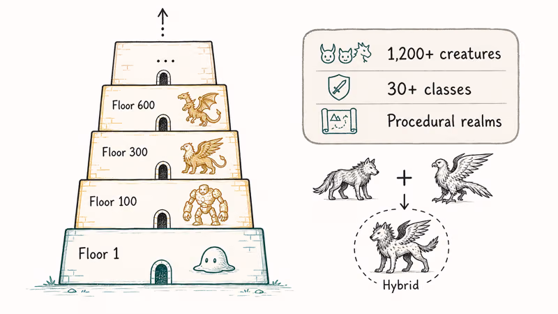 Realm floors show creature stats and breeding hybrid diagram