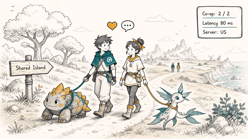 Two tamers share MMO island with co-op widget and distant silhouettes