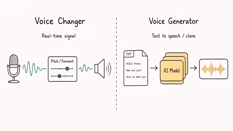Hand-drawn comparison of real-time voice changer signal flow versus text-to-speech AI generator pipeline.