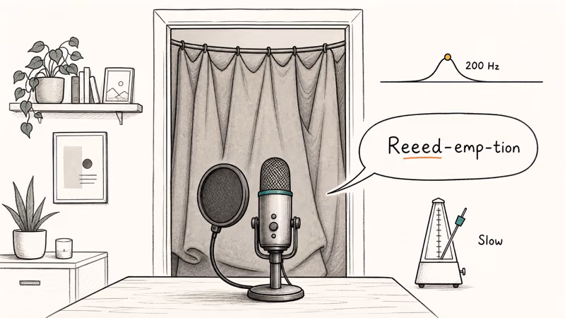 Hand-drawn home studio scene with microphone treated closet EQ boost and elongated vowel narration cue.