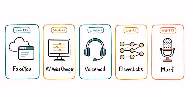 Hand-drawn lineup of five Morgan Freeman voice tools with platform tags and matching category icons.