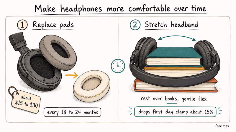 Hand-drawn flowchart showing how to replace headphone ear pads and stretch headband over books