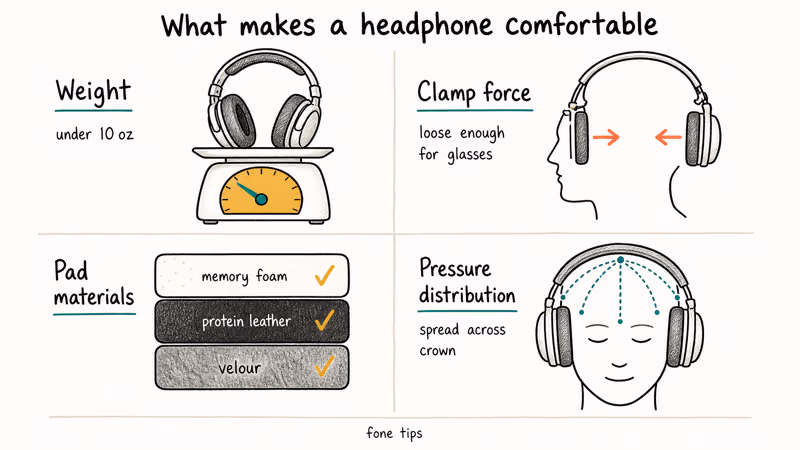 Hand-drawn infographic showing four headphone comfort factors weight clamp pad material and pressure distribution