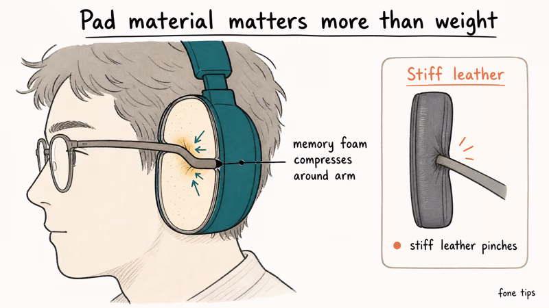 Hand-drawn cross section showing memory foam ear pads compressing gently around eyeglasses temple arm