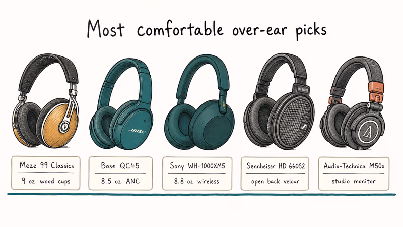 Hand-drawn lineup of five over ear headphones with weight labels for long listening sessions