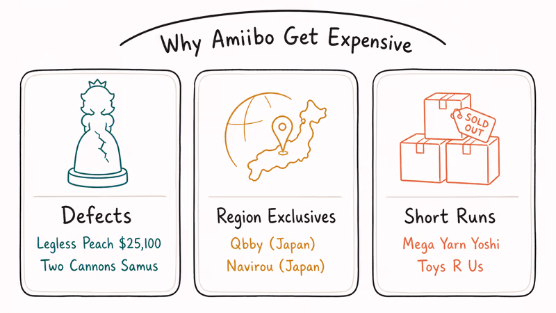 Three factor framework showing defects, region exclusives, and short production runs that drive Amiibo prices