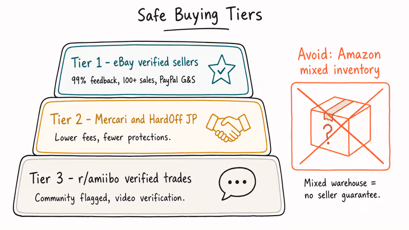 Trust pyramid ranks verified sellers, Mercari, HardOff, and Reddit trades