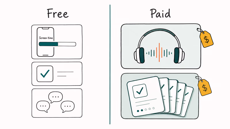 Hand drawn comparison split between free system tools and paid motivation app subscription cards.