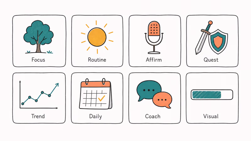 Hand drawn grid of eight motivation app tiles labeled with focus habit affirmation icons.