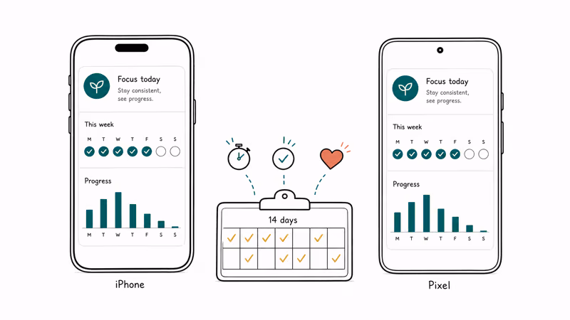 Hand drawn illustration of iPhone and Pixel side by side running motivation app daily checks.