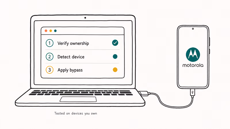 Laptop connected to Motorola phone with bypass tool window showing three steps including proof of ownership check